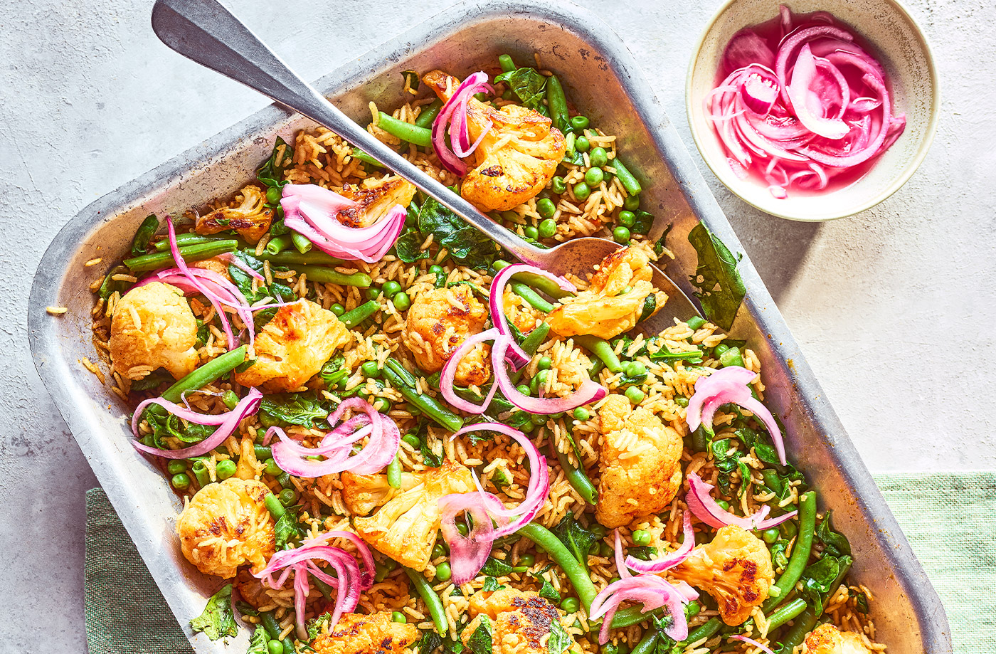 Full-of-greens roasted cauliflower pilaf recipe