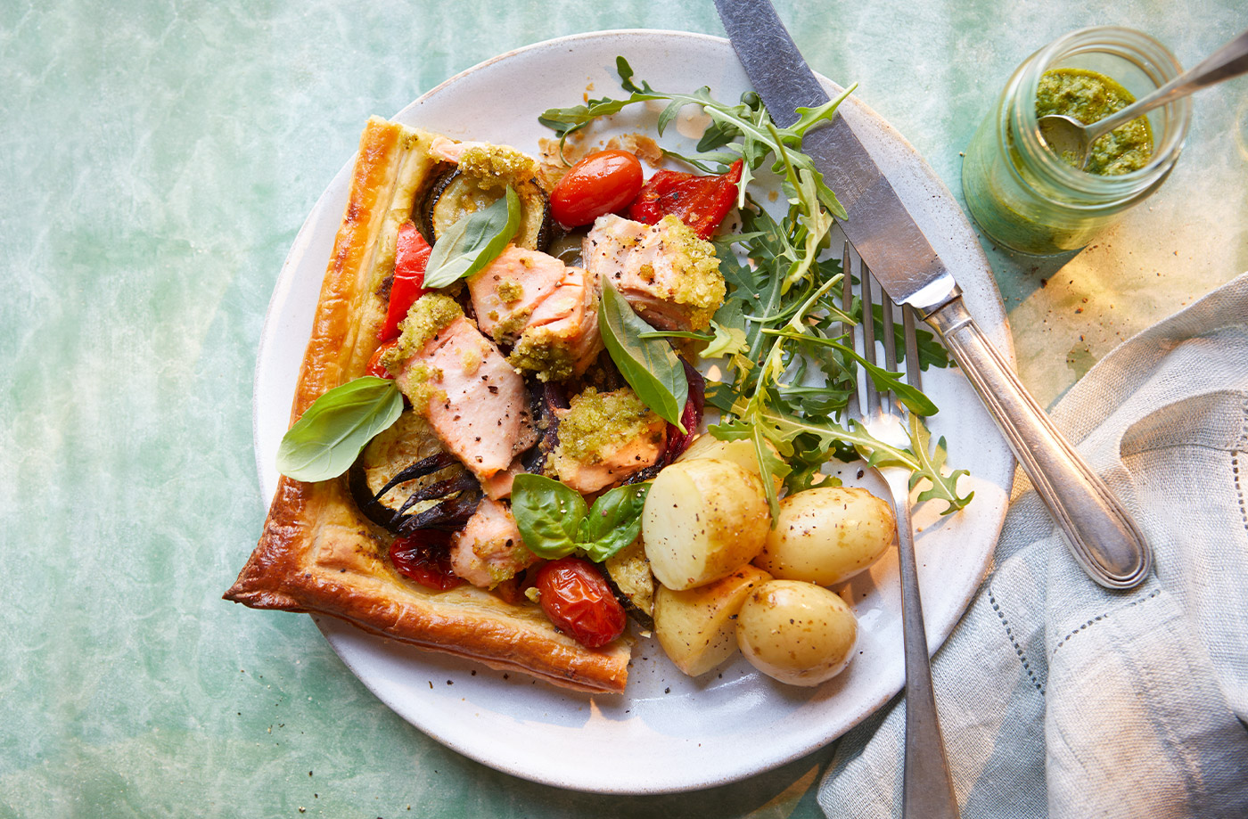 Roasted veg and salmon tart recipe
