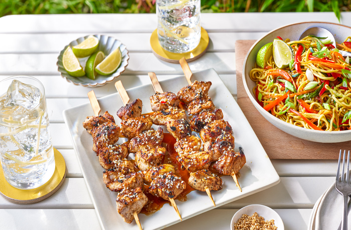 Sticky chicken skewers with noodle salad recipe