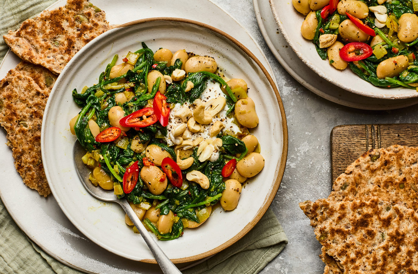 Saag aloo-style butter beans with flatbreads recipe