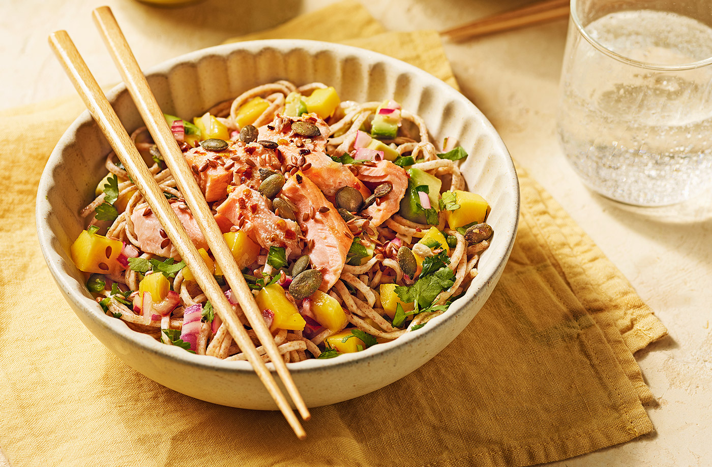 Salmon and avocado noodle bowls recipe