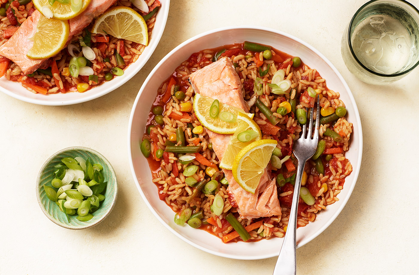 Salmon, rice and tomato traybake recipe