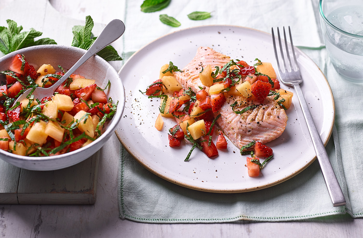 Salmon with mint, strawberry and melon salsa recipe