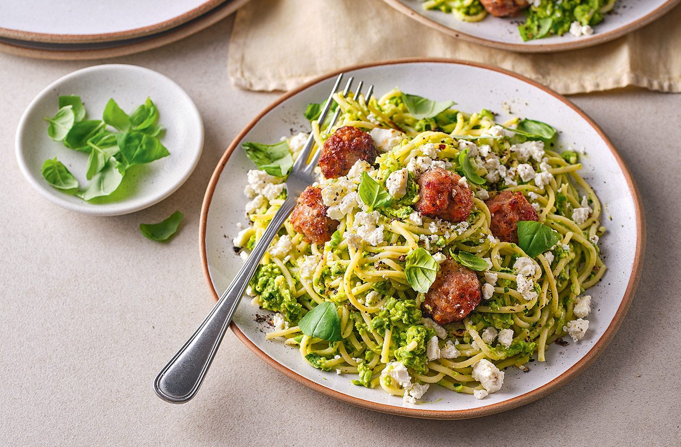 Sausage meatballs with pea pesto and spaghetti recipe