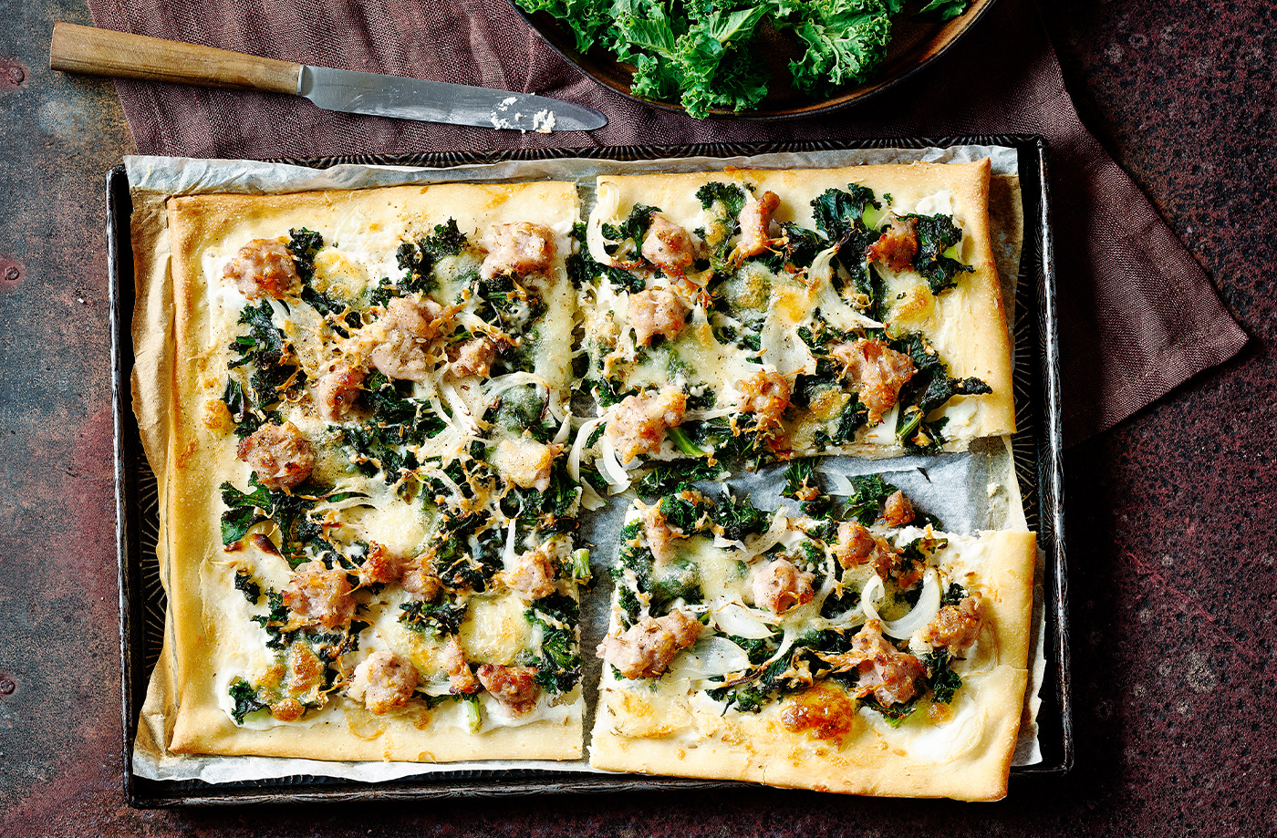 Sausage and kale pizzas recipe