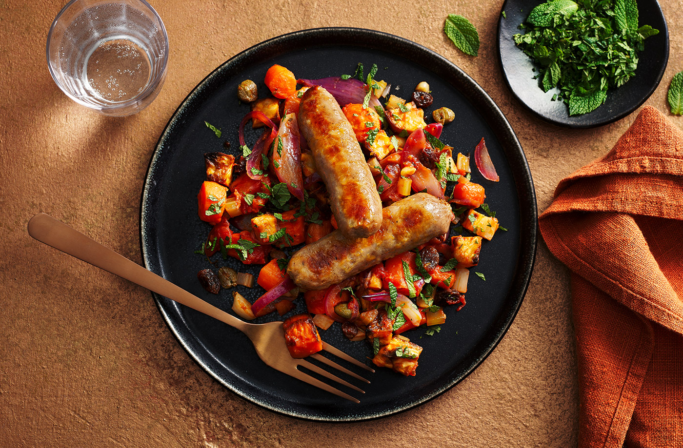 Sausages with Sicilian-inspired carrot stew recipe