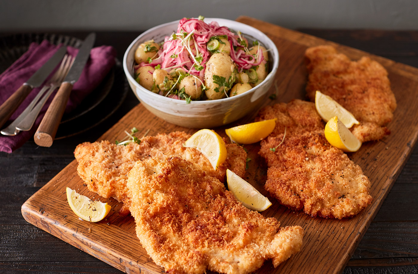 Czech-inspired chicken schnitzel​ with warm potato salad recipe