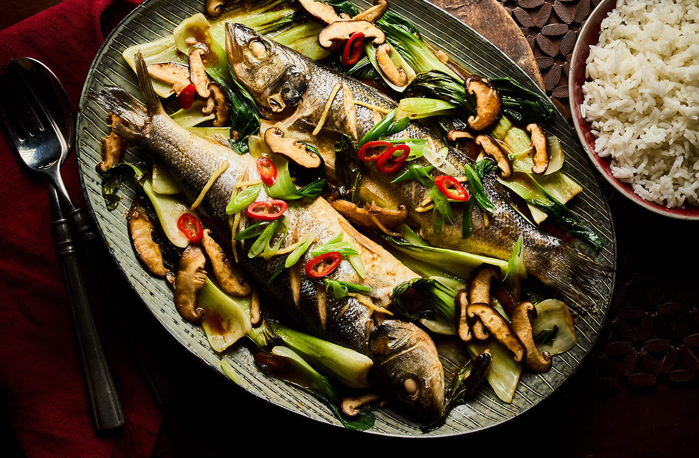 Sea bass with shiitake, ginger and pak choi recipe
