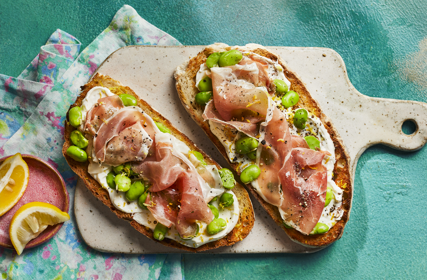 Serrano ham, lemon cream cheese and broad bean toasts recipe