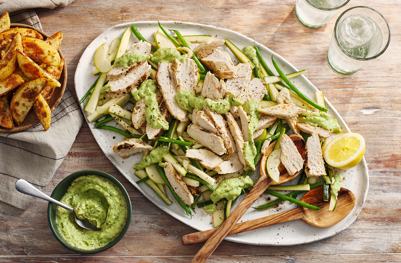 Dina’s gyros-style chicken salad with roasted courgette dip recipe