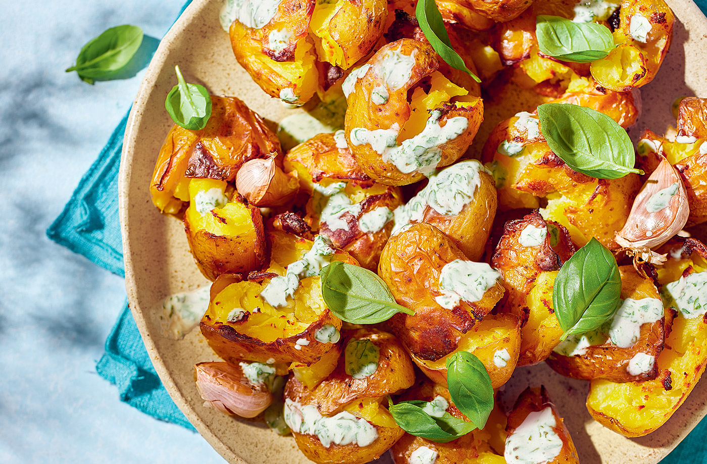 Smashed potatoes with roasted garlic dip recipe