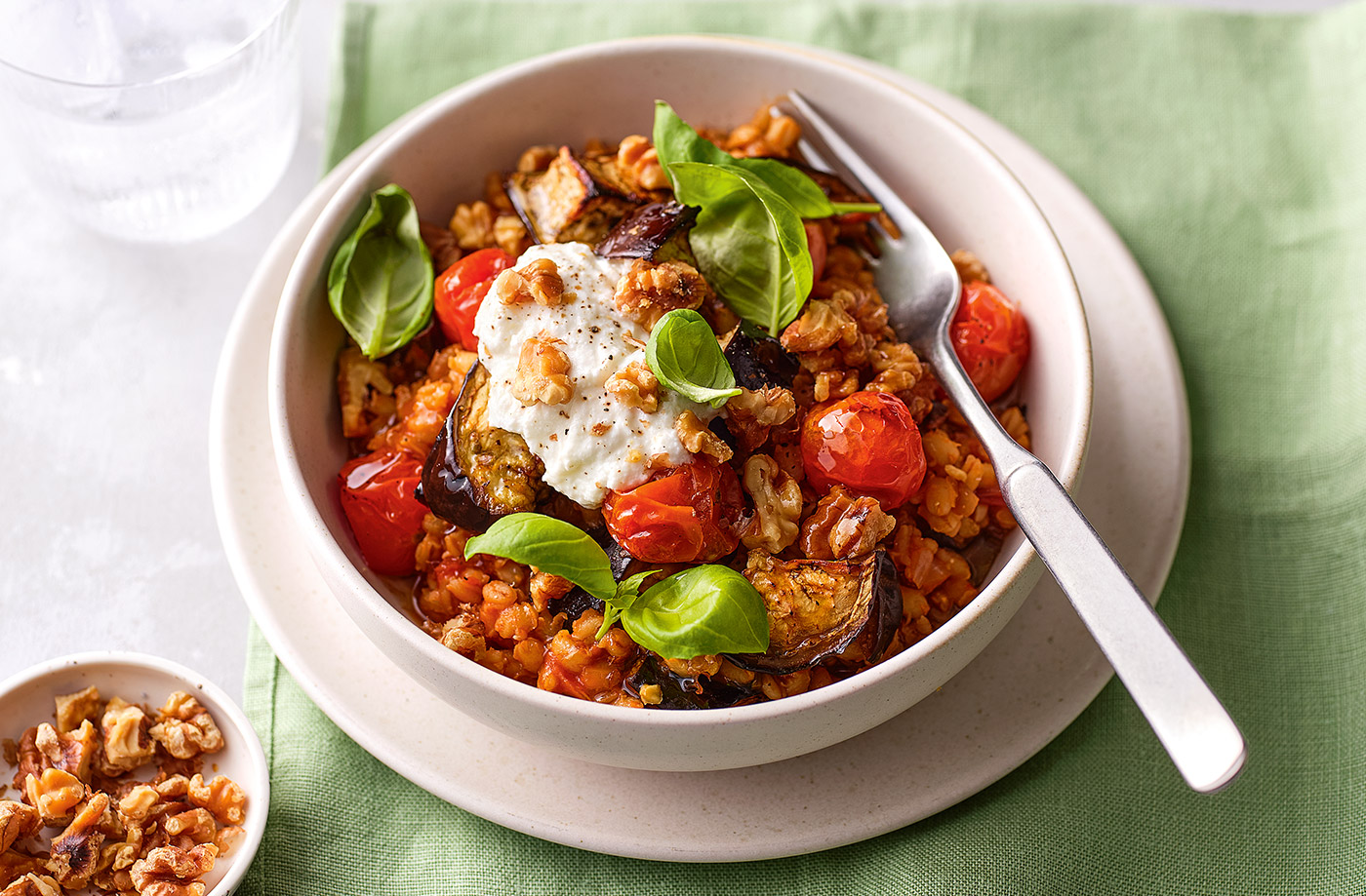 Smoky aubergine pearl barley risotto recipe