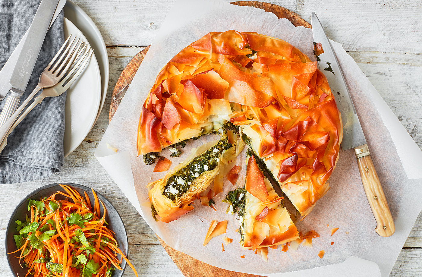 Spinach and feta filo pie with carrot salad recipe