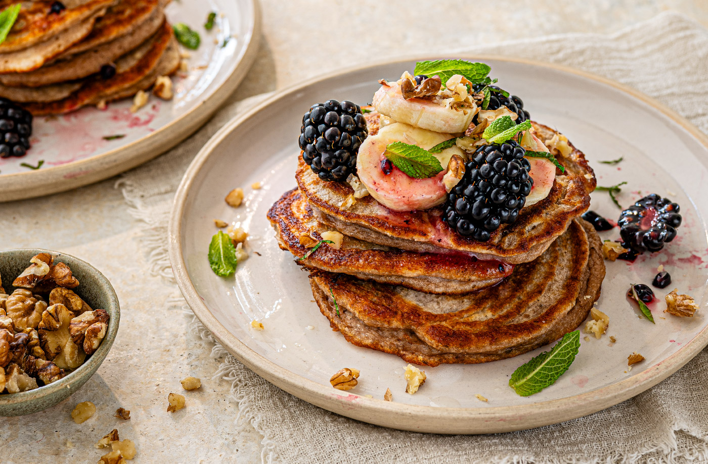Spiced banana and walnut pancakes recipe