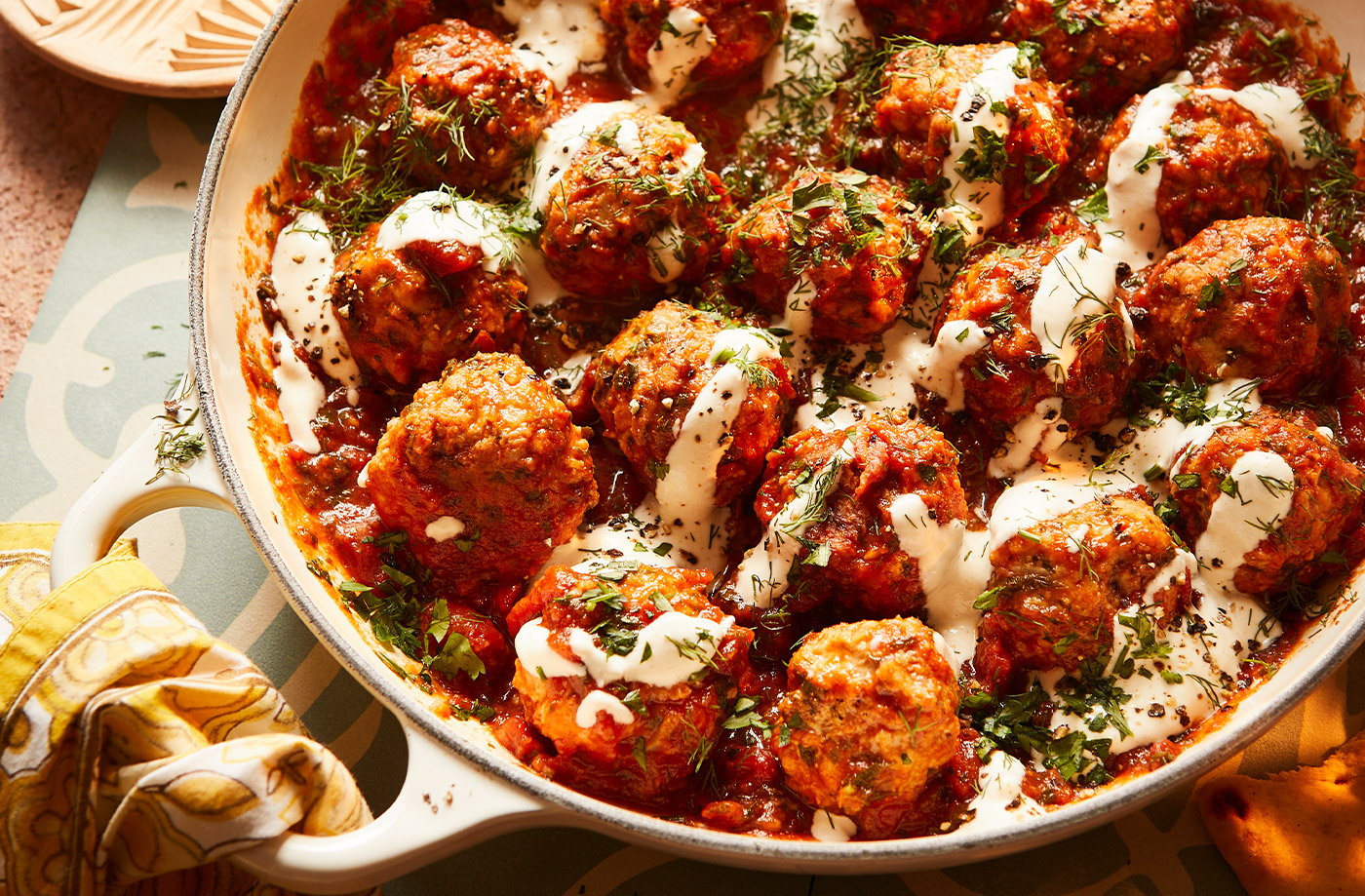 Nargisse Benkabbou's spiced chicken meatballs with garlic tomato sauce recipe