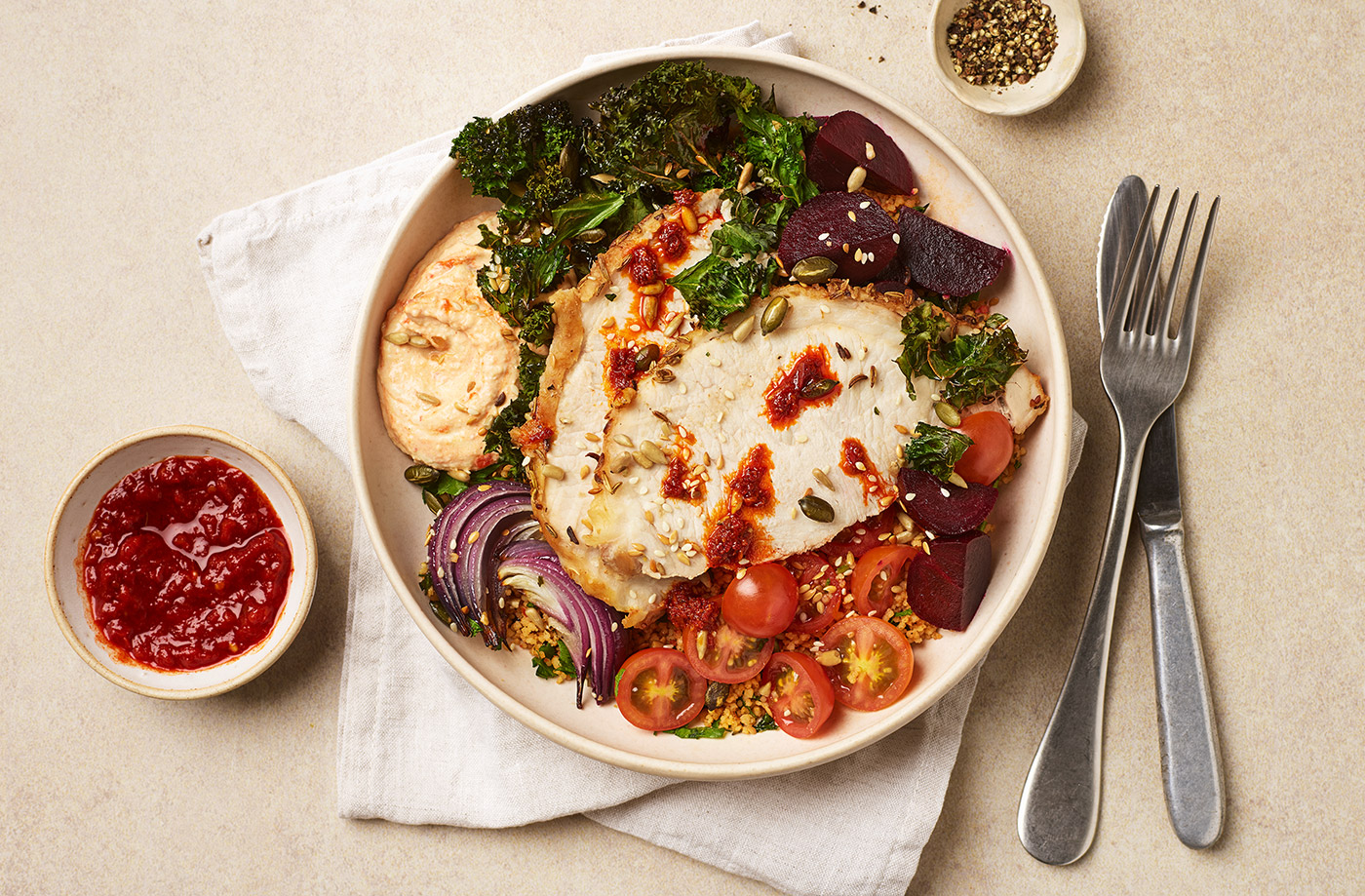 Spiced pork rainbow bowl recipe
