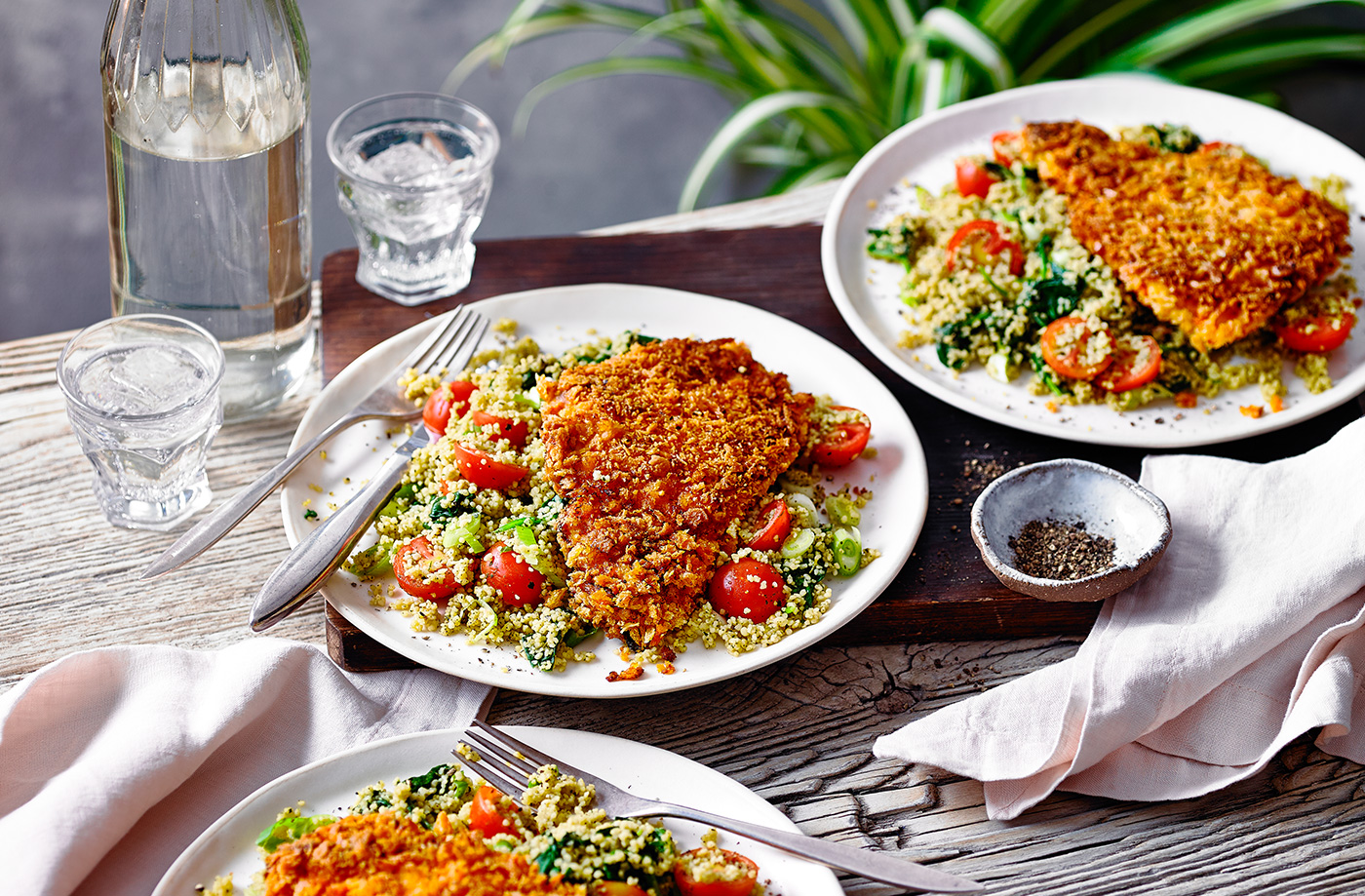 Spiced chicken escalope with couscous salad recipe