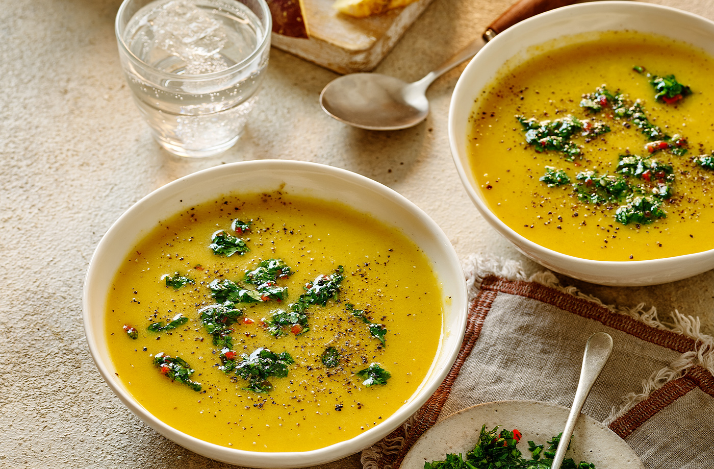 Spiced swede and carrot soup with chimichurri recipe