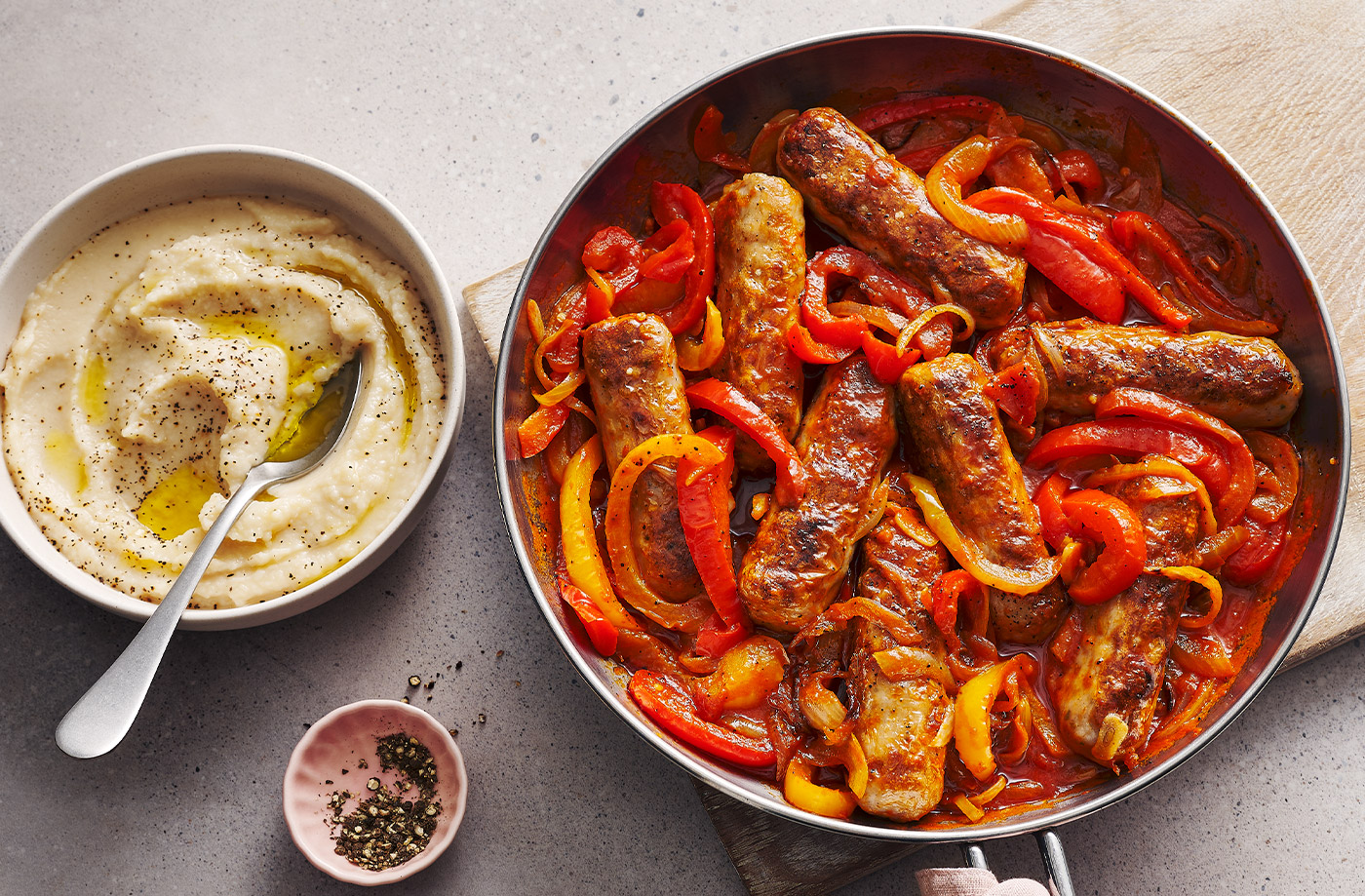 Spicy sausage one-pot with butter bean mash recipe
