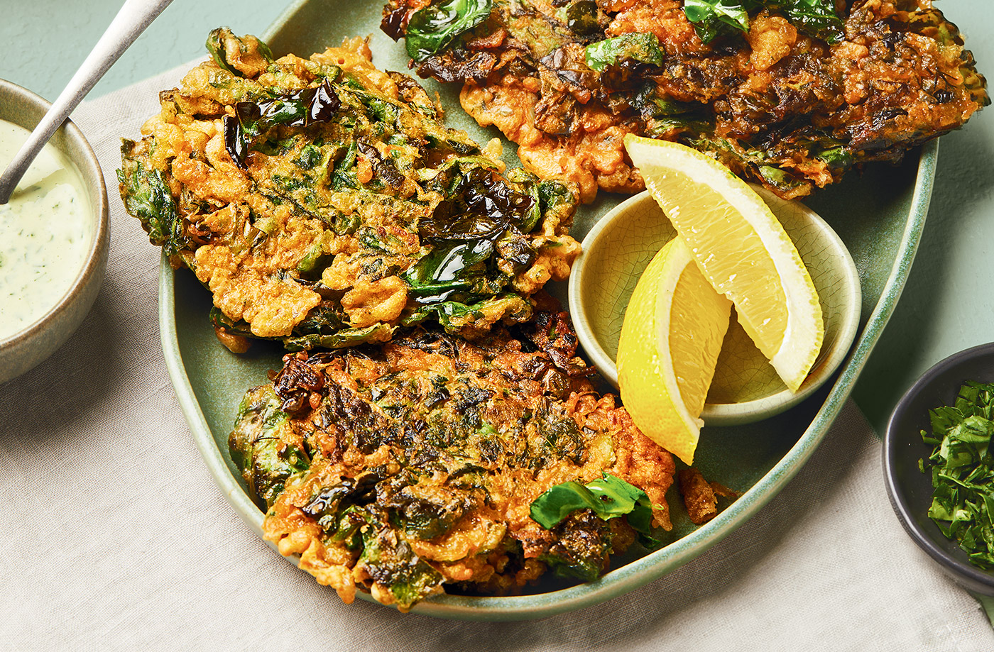 Spring greens fritters with tahini sauce recipe