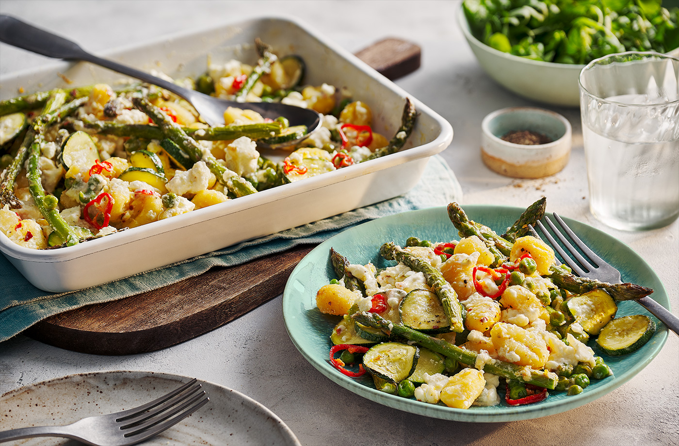 Roasted spring vegetable feta gnocchi traybake recipe
