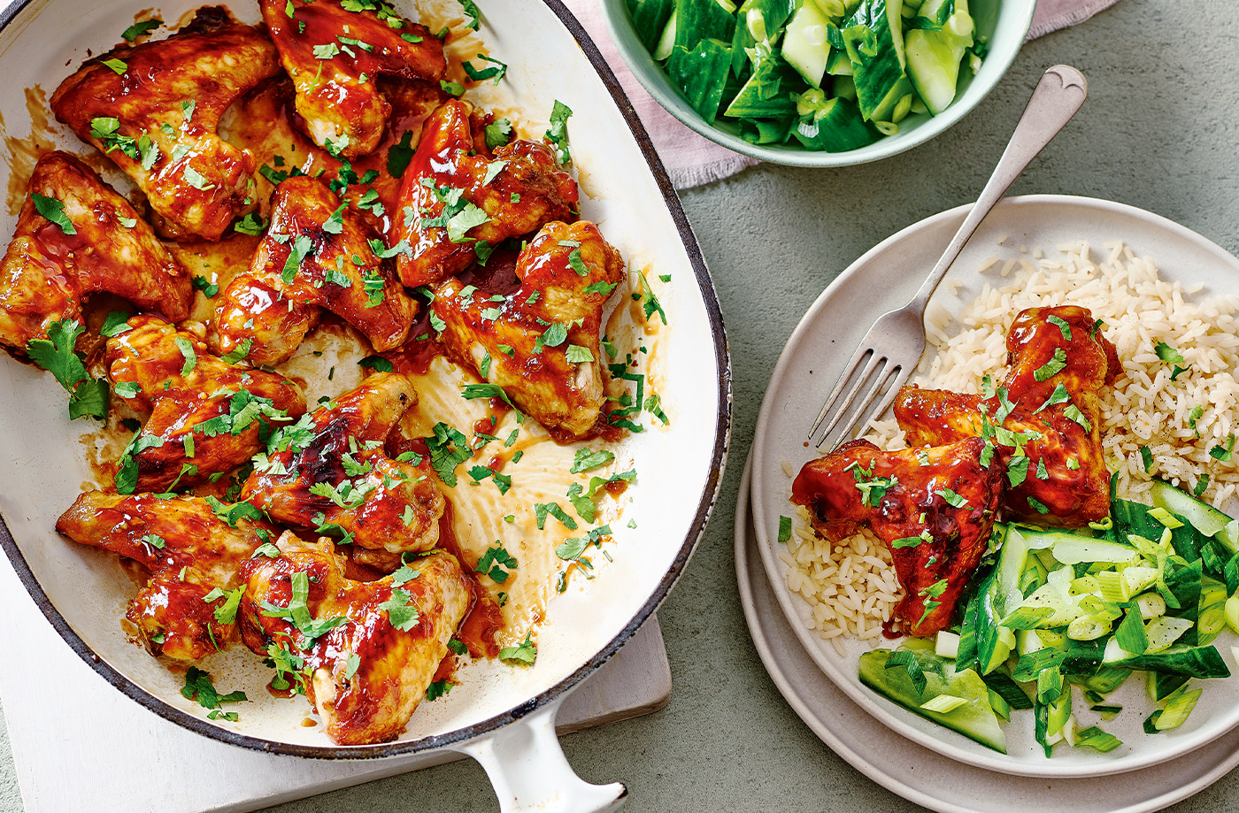 Sticky hoisin wings with bashed cucumber salad recipe