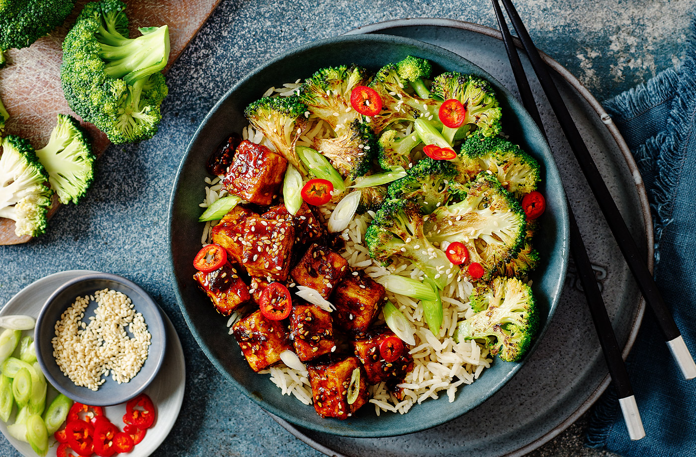 Sticky soy and ginger tofu with charred broccoli recipe