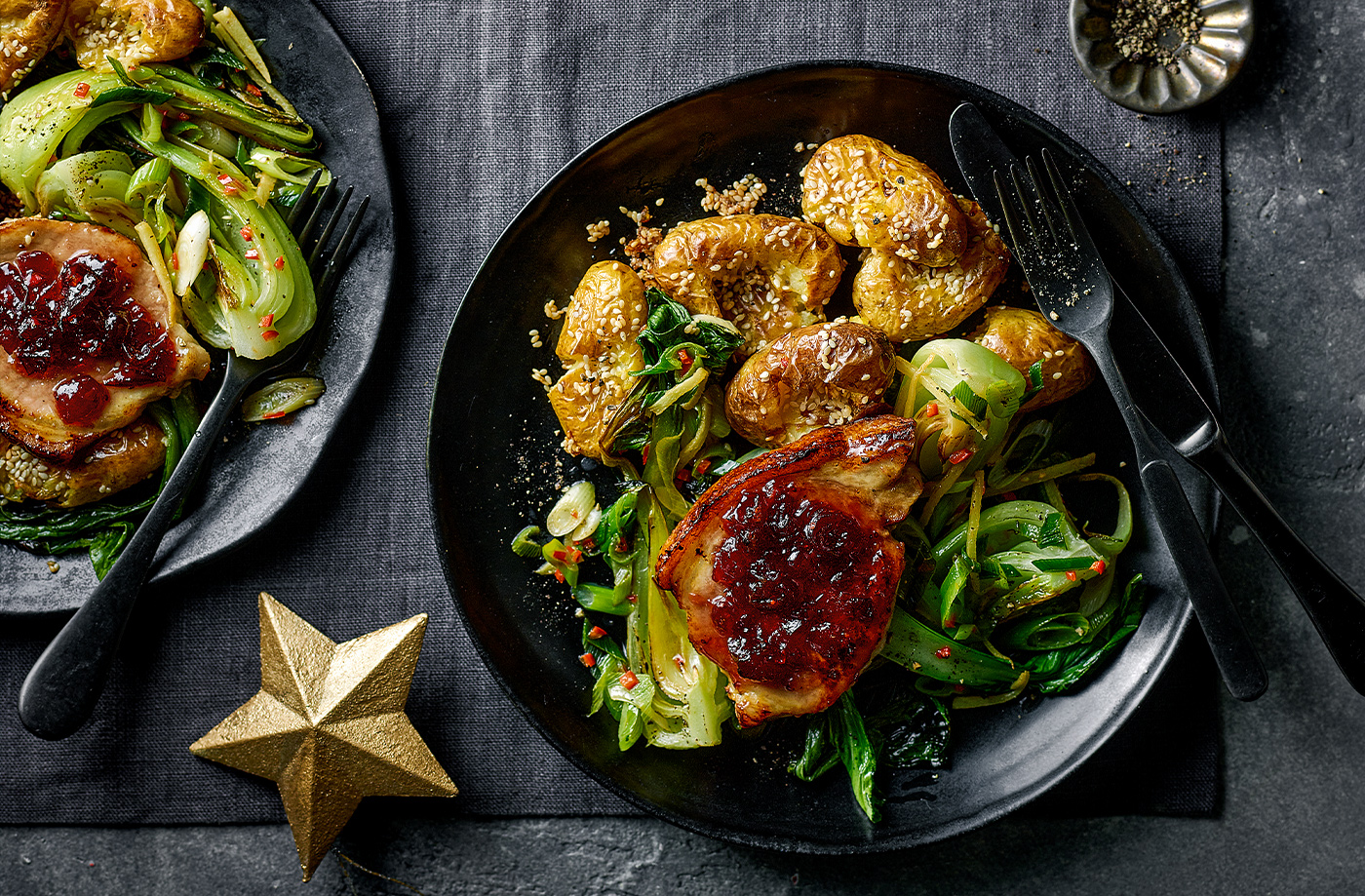 Cranberry pork with sesame potatoes recipe