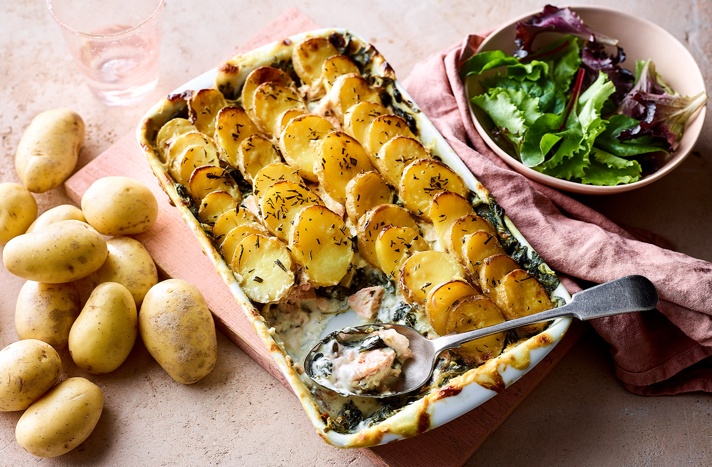 Jersey-Royal-topped salmon and spinach pie recipe