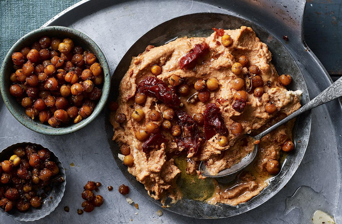 Sundried tomato houmous with crispy chickpeas recipe