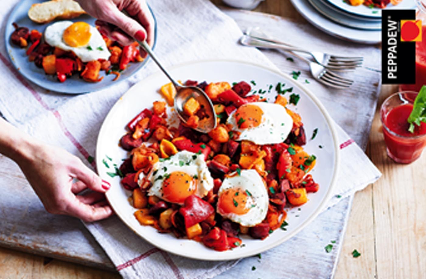 Sunshine eggs with chorizo and potato hash recipe