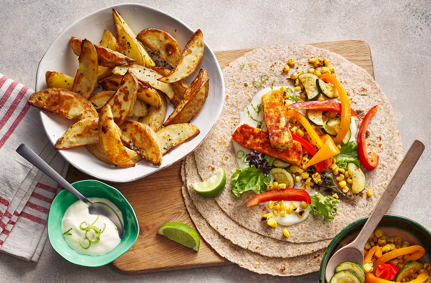 Charred sweetcorn, pepper and halloumi wraps recipe