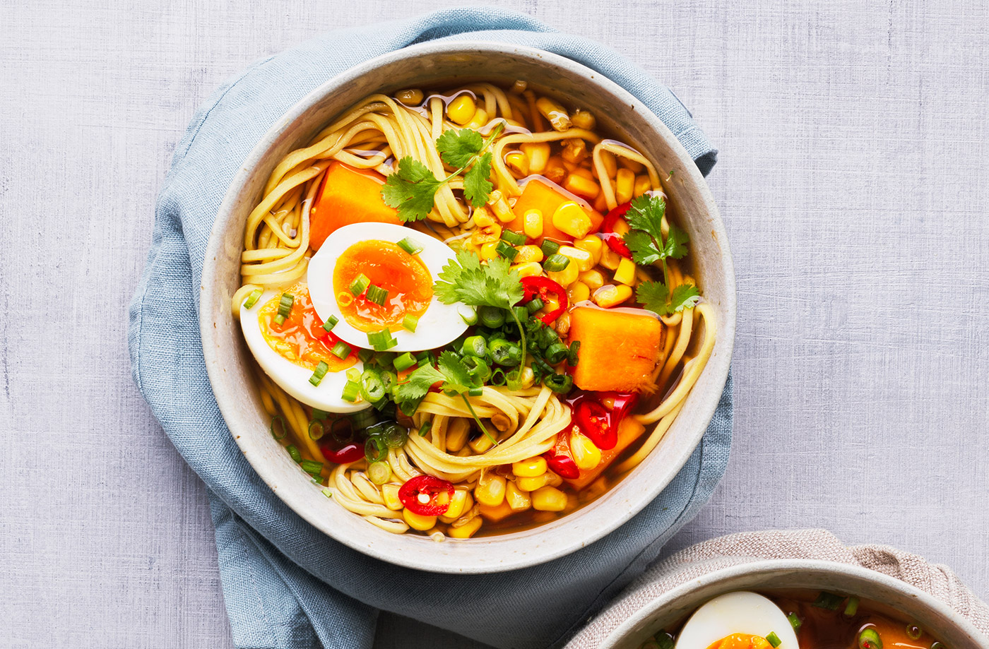 Sweetcorn, squash and spring onion ramen recipe
