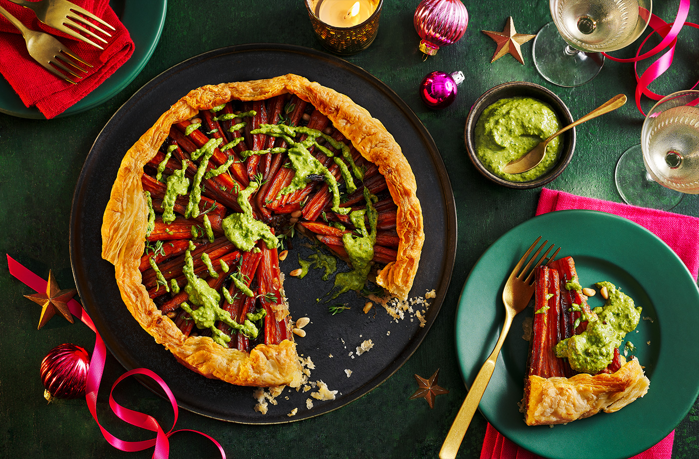 Maple-roasted carrot puff pastry tart recipe