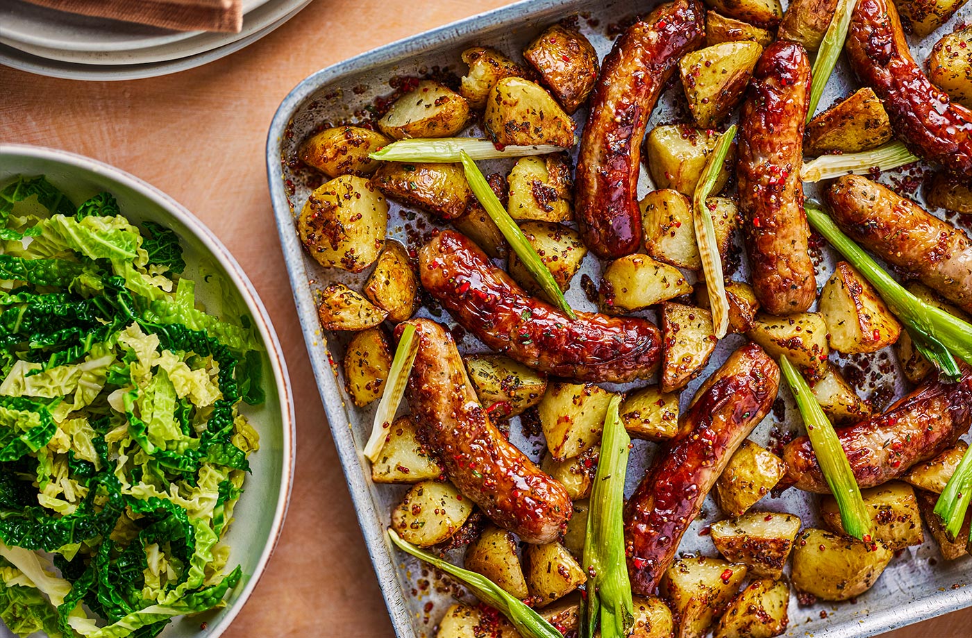 Honey mustard and garlic sausage traybake recipe