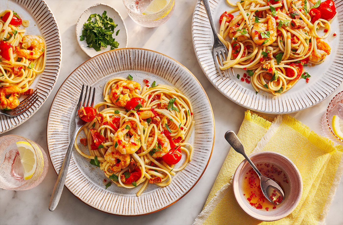 Hot honey prawn and chorizo linguine recipe
