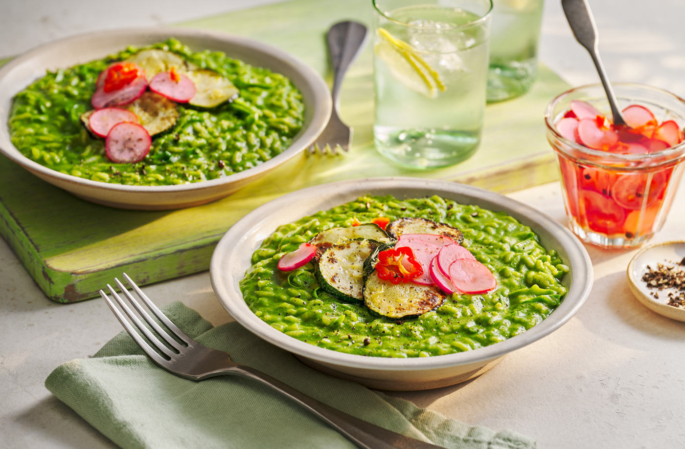 Green veg and coconut risotto with a pickled chilli radish recipe