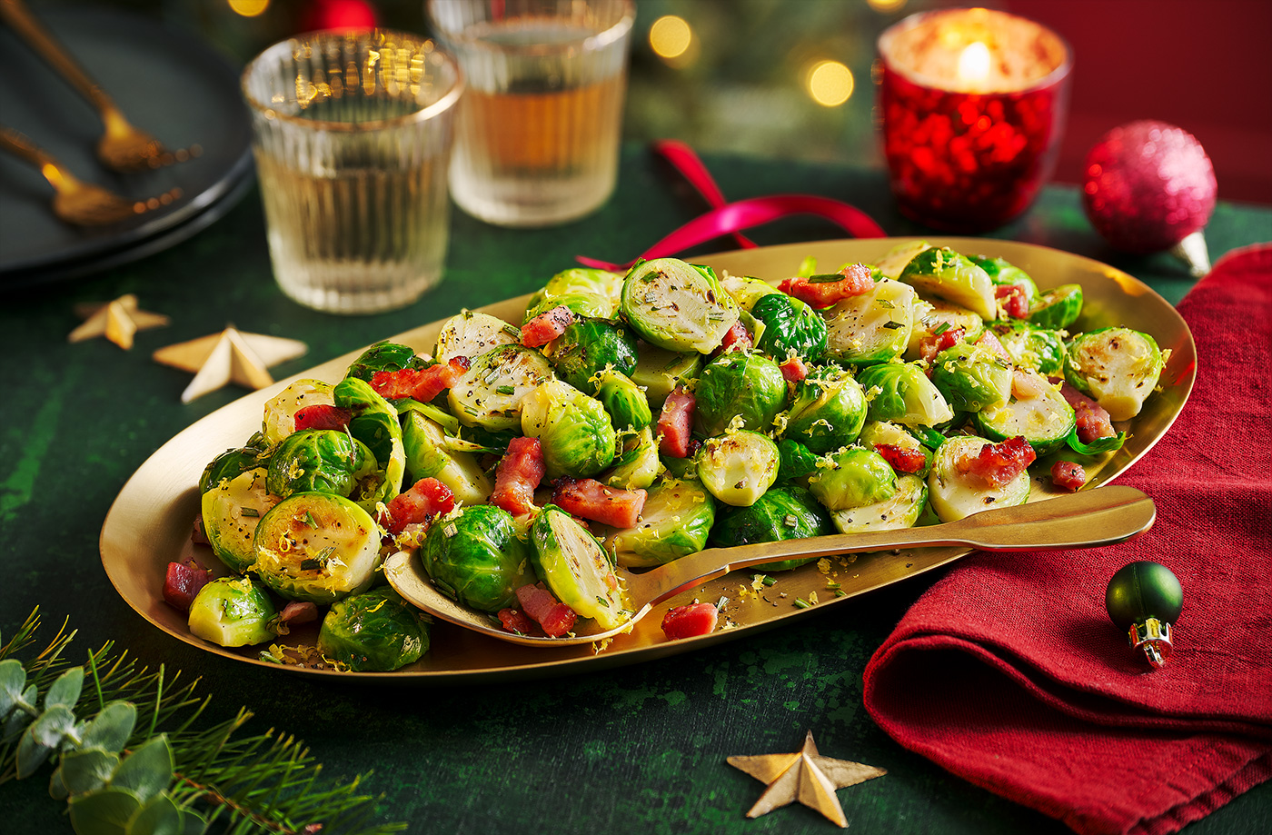 Air-fryer crispy sprouts with lardons recipe