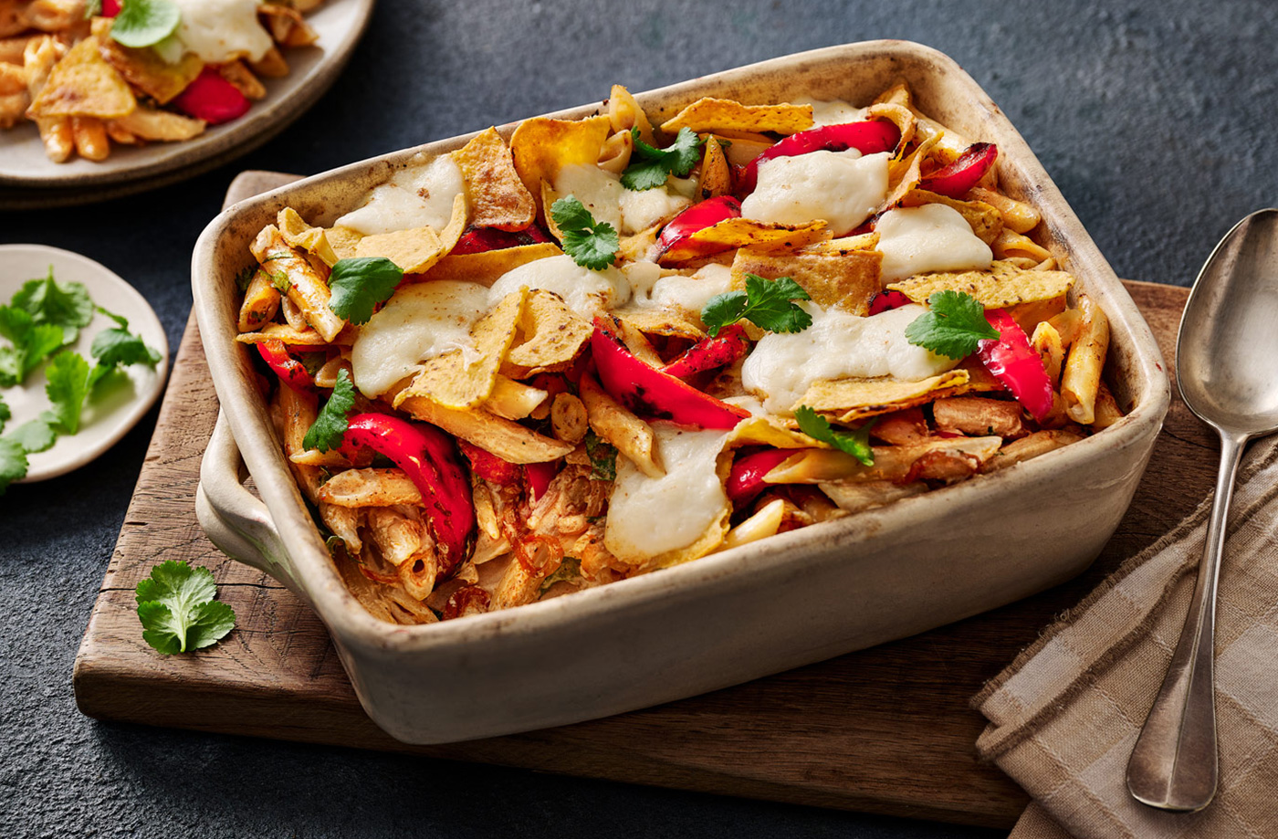 Creamy fajita-inspired pasta bake recipe