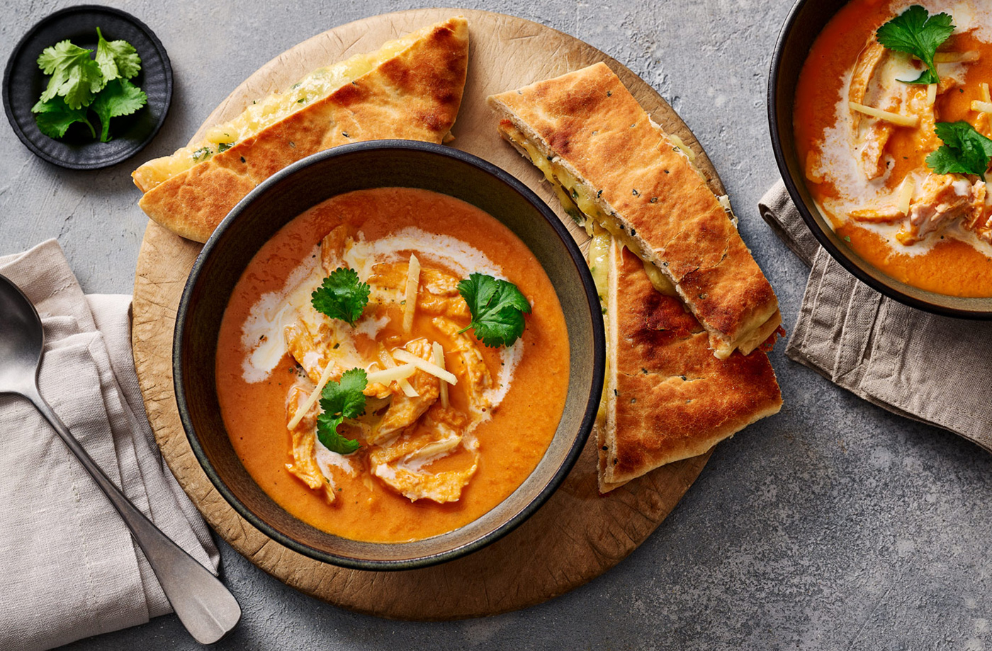 Butter chicken soup with cheesy naan toasties recipe