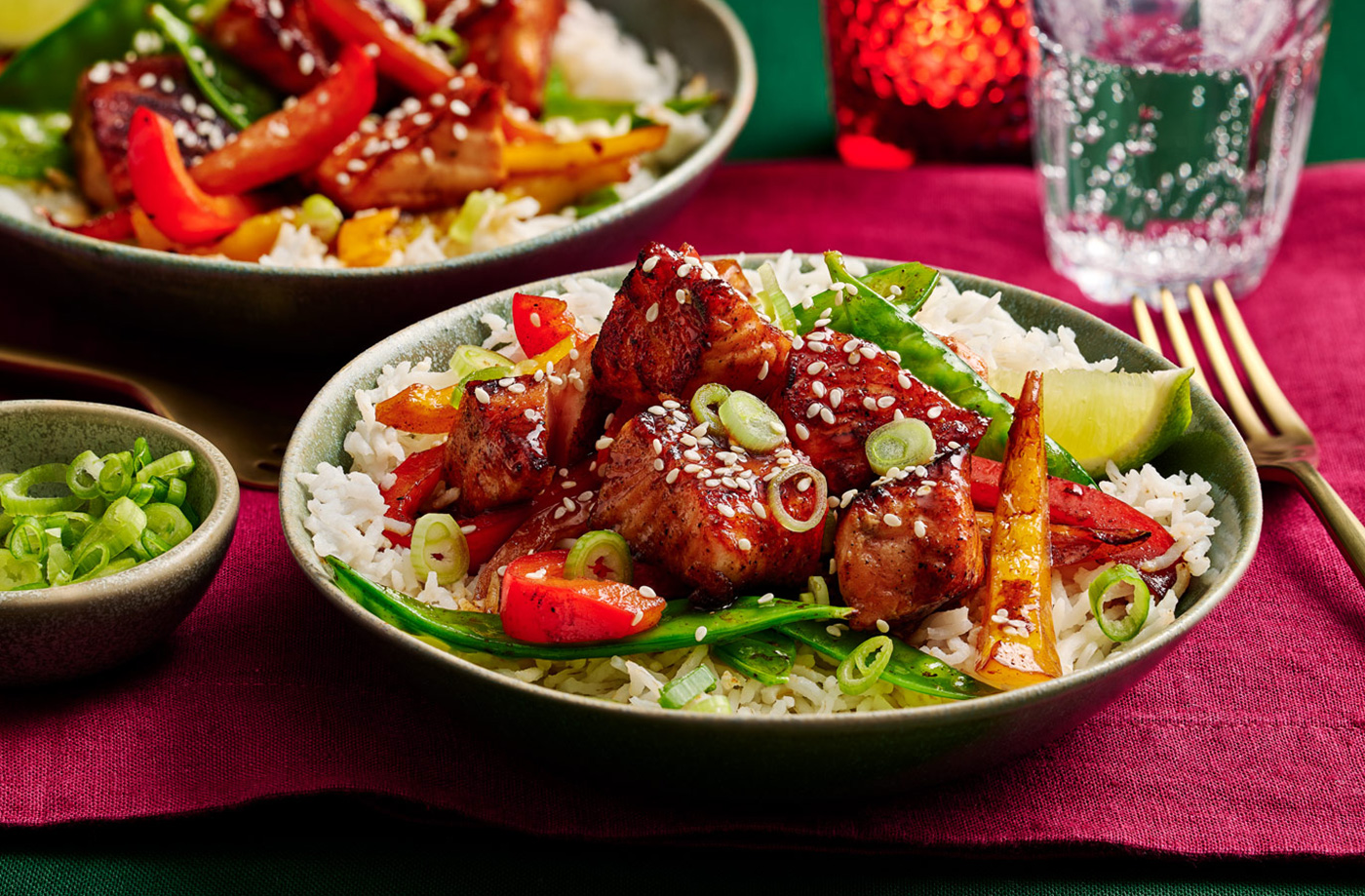 Sticky salt and pepper salmon rice bowl recipe