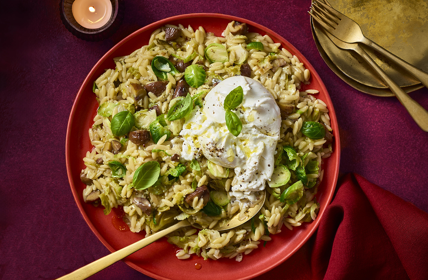 Brussels sprout and chestnut orzotto with burrata  recipe