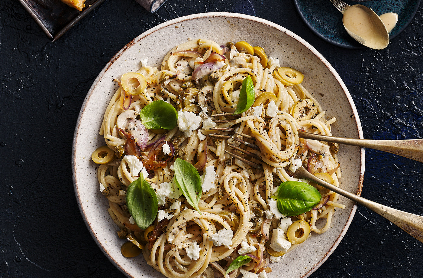 Tahini, caper and olive pasta recipe