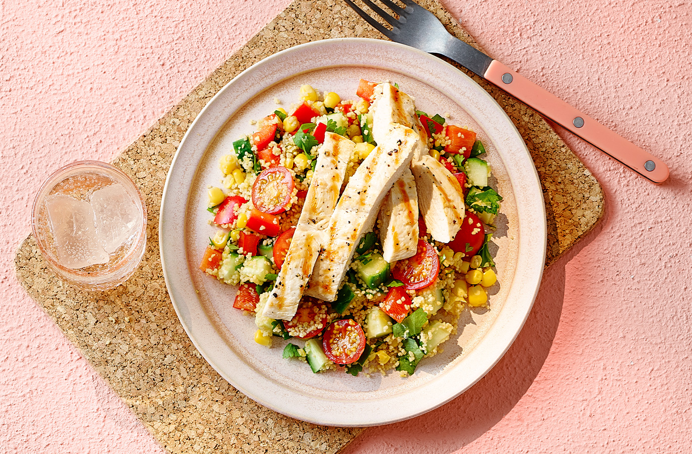 Rainbow veggie couscous salad with grilled chicken recipe