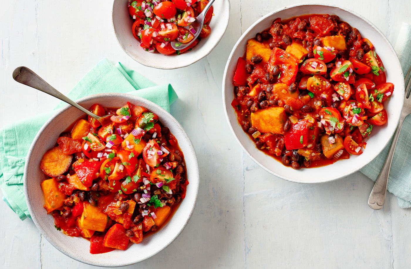 Sweet potato and black bean chilli bowls with cherry tomato salsa recipe