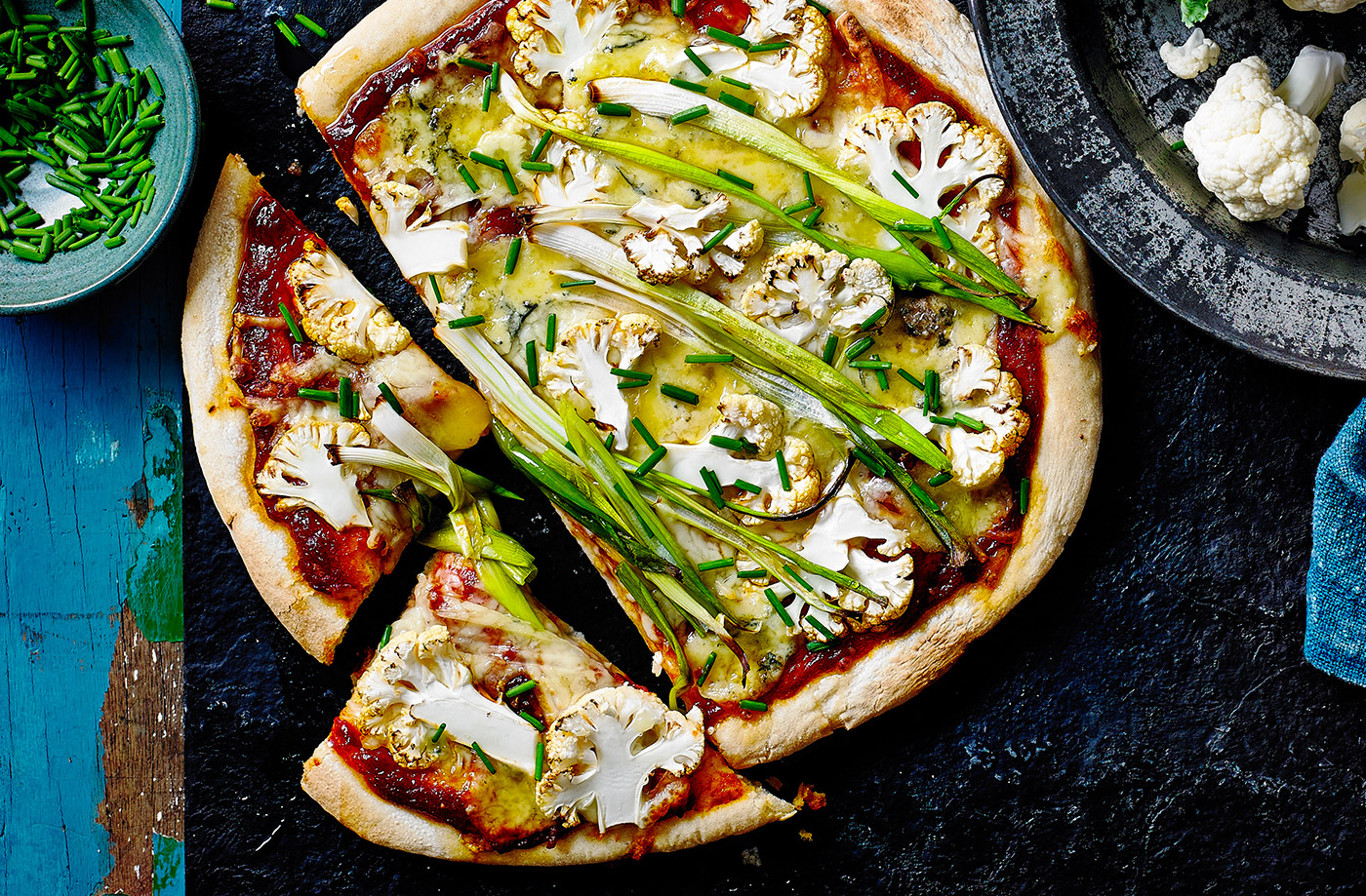 Buffalo cauliflower and blue cheese pizzas recipe