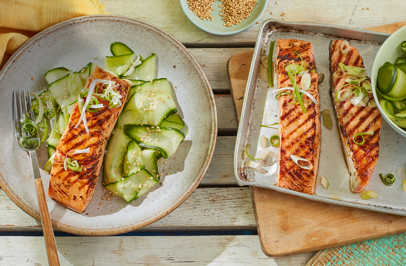 Wasabi and soy salmon with quick-pickled cucumber recipe