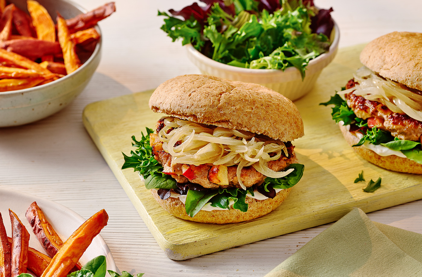 Pork and apple burgers with sweet potato fries recipe