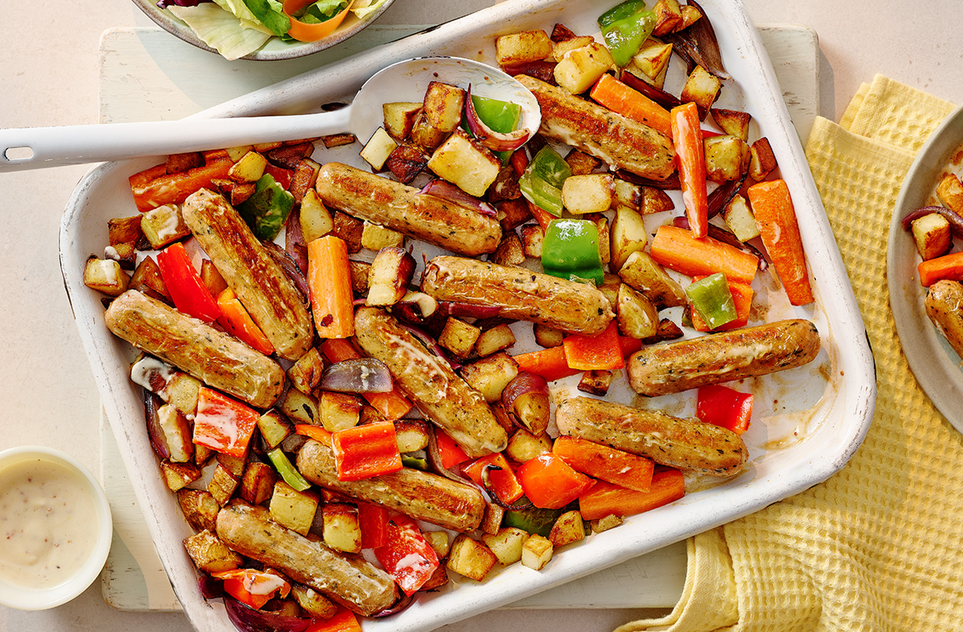 Veggie sausage honey mustard traybake recipe