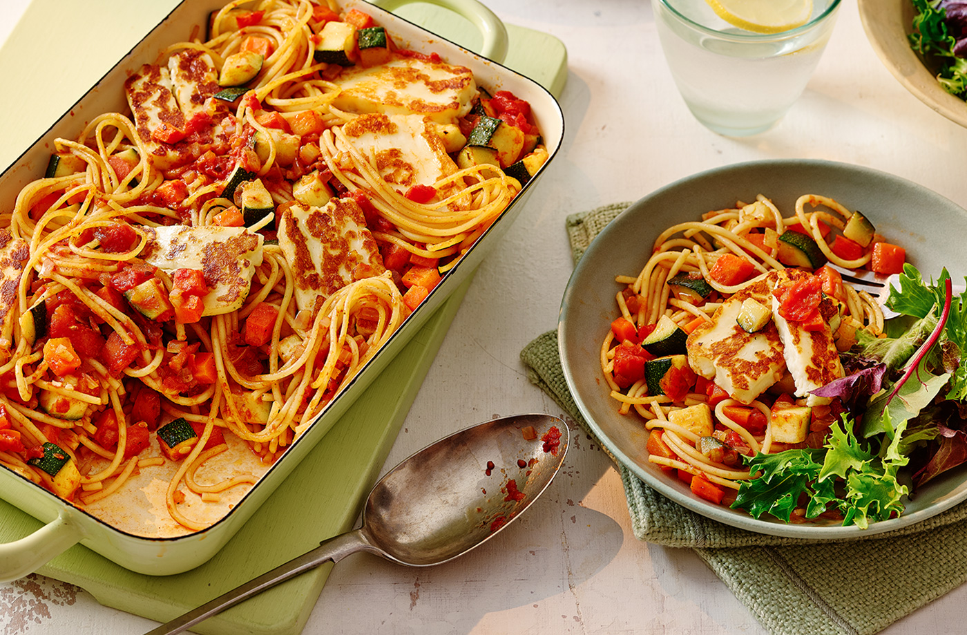Halloumi topped tomato pasta bake recipe